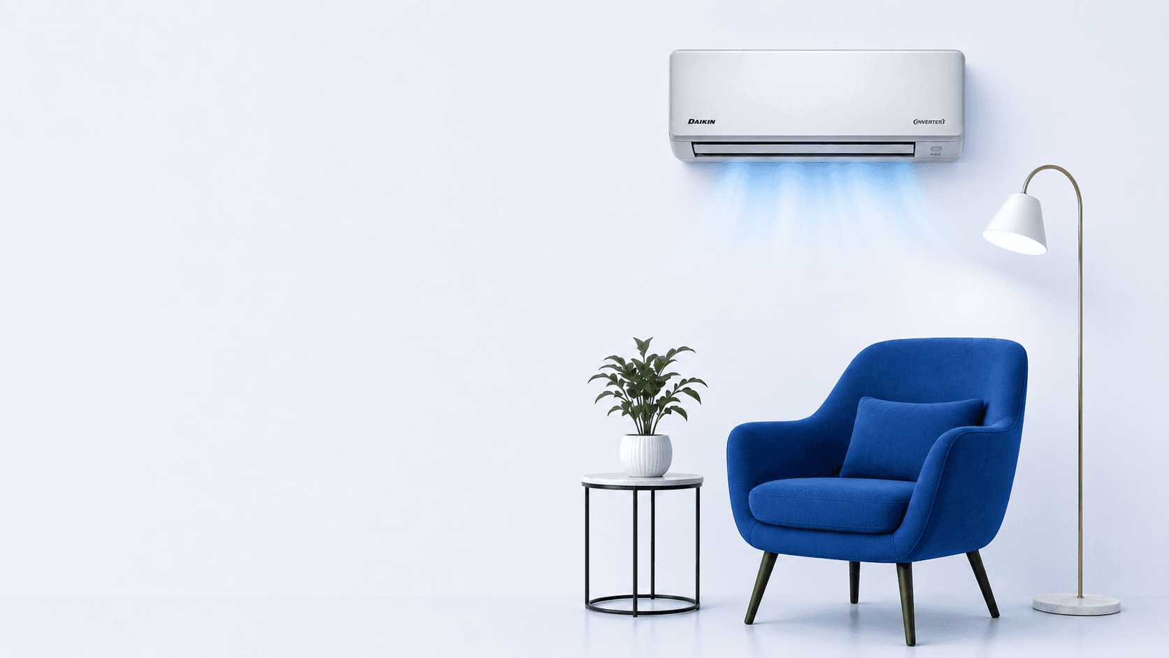 Daikin AC above a modern living corner with blue chair and floor lamp